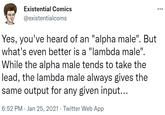 Existential Comics @existentialcoms Yes, you've heard of an "alpha male". But what's even better is a "lambda male". While the alpha male tends to take the lead, the lambda male always gives the same output for any given input... 6:52 PM Jan 25, 2021. Twitter Web App :