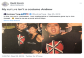 David Slavick @davidslavick My culture isn't a costume Andrew Andrew Yang↑ @AndrewYang. Sep 25, 2019 In the run-up to Halloween, I am posting pics of Halloweens gone by to this thread. Here's me as a punk with Evelyn. Show this thread hodows Lie 1:22 PM. Sep 26, 2019 Twitter for iPhone :