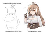 How to draw Nanashi Mumei 1. 1. Draw Among Us with big apple 2. 2. Draw the rest of Mumei