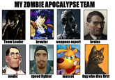 ++))))) MY ZOMBIE APOCALYPSE TEAM Team Leader medic brawler weapons expert speed fighter brains mascot Guy who dies first