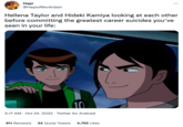 Hapi @HapiofMorArdain Hellena Taylor and Hideki Kamiya looking at each other before committing the greatest career suicides you've seen in your life: 3:17 AM - Oct 24, 2022. Twitter for Android : 911 Retweets 34 Quote Tweets 4,755 Likes