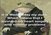 It is Wednesday my dues. Which means that I survived my heart surgery with minimal problems