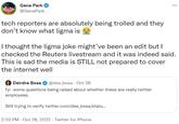 Gene Park @GenePark tech reporters are absolutely being trolled and they don't know what ligma is I thought the ligma joke might've been an edit but I checked the Reuters livestream and it was indeed said. This is sad the media is STILL not prepared to cover the internet well Deirdre Bosa @dee_bosa Oct 28 fyi -some questions being raised about whether these are really twitter employees. Still trying to verify twitter.com/dee_bosa/statu... ... 2:52 PM - Oct 28, 2022 Twitter for iPhone