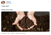 matt @mattxiv "she ate" what she ate: 12:15 PM Nov 1, 2022. Twitter for iPhone :