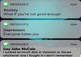 MESSAGES Anxiety What if you're not good enough MESSAGES Depression Everyone hates you now now MESSAGES Gay John McCain I sucked so much d--- in Vietnam or Korea whichever one I fought in I don't remember now