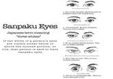 Sanpaku Eyes Japanese term meaning "three whites" If the white of a person's eyes are visible either below or above the colored portion, or iris, that person is said to have sanpaku eyes. Whites Below One Iris Only 1. Stress in life somewhere. Depth perception & peripheral vision is off. Accident prone. Whites Showing Below Iris 2. A lot of pressure. Be aware of situation. These eyes want to unload. Whites Below Eyes, Half of the Iris Visible 3. Be very cautious. Extreme pressure. These eyes are hiding something. Whites Below, Half of the Iris Showing, and Glassy Eyed 4. Don't walk, run away! These eyes have psychotic tendencies. Three Whites Visible 5. The eyes of a psychopathic killer. These eyes want to gain power of you.