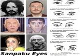 OCBS Sanpaku Eyes Whites Below One Inis Only 1. Stress in life somewhere. Depth perception & peripheral vision is off. Accident prone. Whites Showing Below Iris 2. A lot of pressure. Be aware of situation. These eyes want to unload. Whites Below Eres. Half of the Iris Visible 3. Be very cautious. Extreme pressure. These eyes are hiding something. Whites Below, Half of the Iris Showing, and Glassy Eyed 4. Don't walk, run away! These eyes have psychotic tendencies. Three Whites Visible 5. The eyes of a psychopathic killer. These eyes want to gain power of you.