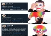 Elon Musk ✔ @elonmusk Legalize comedy 3:25 AM 13 Jan 21 Twitter for iPhone 78.8K Retweets 9,403 Quote Tweets 831K Likes Elon Musk @elonmusk *Living the dream Comedy is now legal on Twitter 4:16 PM 28 Oct 22 Twitter for iPhone 262K Retweets 39.8K Quote Tweets 2.4M Likes : Elon Musk @elonmusk Going forward, any Twitter handles engaging in impersonation without clearly specifying "parody" will be permanently suspended 4:53 PM 06 Nov 22 Twitter for iPhone 17.1K Retweets 18.7K Quote Tweets 134K Likes