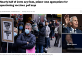 Nearly half of Dems say fines, prison time appropriate for questioning vaccines, poll says by ZACHARY ROGERS | The National Desk | Monday, January 17th 2022 COVID-19 TESTING 7 DAYS A WEEK AM-7PM LINE STARTS HERE FILE - People wait in line at a COVID-19 testing site in Times Square, New York, Monday, Dec. 13, 2021. (AP Photo/Seth Wenig, File) □ 3 VIEW ALL PHOTOS i