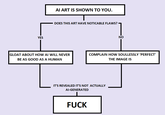 YES AI ART IS SHOWN TO YOU. DOES THIS ART HAVE NOTICABLE FLAWS? GLOAT ABOUT HOW AI WILL NEVER BE AS GOOD AS A HUMAN NO COMPLAIN HOW SOULLESSLY 'PERFECT' THE IMAGE IS IT'S REVEALED IT'S NOT ACTUALLY AI-GENERATED F---