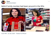 Thom @irenemartialart björk if emily montes had been around in the 90s IT TASTES SO GOOD M 12:27 PM - Jun 26, 2021. Twitter for iPhone MP :