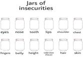 Jars of insecurities 100000 nose teeth lips shoulder chest eyes 000 fingers belly height sideview (face) hair skin