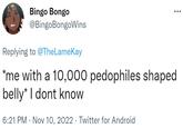 Bingo Bongo @BingoBongoWins Replying to @TheLameKay *me with a 10,000 pedophiles shaped belly* I dont know 6:21 PM Nov 10, 2022. Twitter for Android
