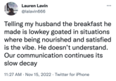 Lauren Lavín @lalavin666 Telling my husband the breakfast he made is lowkey goated in situations where being nourished and satisfied is the vibe. He doesn't understand. Our communication continues its slow decay 11:27 AM • Nov 15, 2022 Twitter for iPhone •