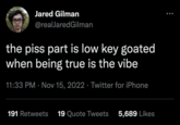Jared Gilman @realJared Gilman the piss part is low key goated when being true is the vibe 11:33 PM Nov 15, 2022 Twitter for iPhone ● 191 Retweets 19 Quote Tweets 5,689 Likes ●●●