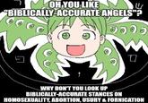 OH YOU LIKE "BIBLICALLY-ACCURATE ANGELS"? 000 D WHY DON'T YOU LOOK UP BIBLICALLY-ACCURATE STANCES ON HOMOSEXUALITY, ABORTION, USURY & FORNICATION