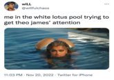 WILL @willfulchaos me in the white lotus pool trying to get theo james' attention 11:03 PM Nov 20, 2022 Twitter for iPhone