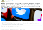 Faiz Siddiqui @faizsays NEW: Documents show why Apple pulling its Twitter ads is devastating for Elon Musk: In the first quarter of 2022, Apple was Twitter's top advertiser, accounting for nearly $50M in revenue Twit washingtonpost.com Elon Musk says Apple threatened to remove Twitter from App Store Removal of Twitter from the App Store would make the social media platform unavailable to new users with Apple devices. 4:47 PM - Nov 28, 2022. Twitter Web App 4,553 Retweets 619 Quote Tweets 16.7K Likes