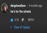 dangelowallace ✓ 4 months ago he's for the streets 4.1K 4 View 47 replies REPLY