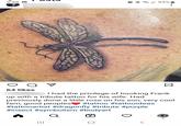 9:58 F Q V 64 likes ||| I had the privilege of hooking Frank up with a tribute tattoo for his wife. Had previously done a little rose on his son; very cool fam, good peoples #tattoo #tattooideas #tattooartist #dragonfly #tribute #purple #insect #symbolism #bodyart Q O | 93% r B