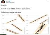 I'm 37. 10 AM I work at a $650 million company. This is my daily routine. 11 AM Noon 1 PM IU AM 11 AM Noon KFC 1 PM @KFCBarstool KFCBarstool t at some point Yell at phone for 90 seconds phone for 90 seconds Some ppl will probably try to talk to m some s---, talk to them back fr 10 AM 11 AM Noon 1 PM 10 AM 11 AM Noon 1 PM mins Yell at phone for 90 seconds, maybe it nothin k to me about some