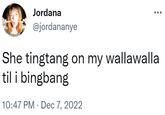 Jordana @jordananye She tingtang on my wallawalla til i bingbang 10:47 PM Dec 7, 2022