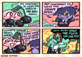 E MY CONTRACT IS WITH THE WRECK- ING BALL DEVIL. WHAT'S YOUR DEVIL. SHEN? SHEN COMIX MY CONTRACT IS WITH THE YEAH SHEN TELL US WHAT YOUR DEVIL IS~ STORM DEVIL. COOL! WOAH! 5 OH JUST SHUT THE F--- UP OK???