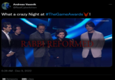Andreas Vassvik @RealCyberkitten What a crazy Night at #TheGameAwards 6:28 AM - Dec 9, 2022 ! RABBS REFORMED M 36 Retweets 285 Likes #THEGAMEAWARDS :