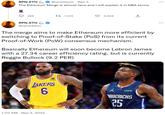 RPN.ETH @rpnickson Sep 3 The Ethereum Merge is almost here and I will explain it in NBA terms. 265 RPN.ETH @rpnickson t 1,015 The merge aims to make Ethereum more efficient by switching to Proof-of-Stake (PoS) from its current Proof-of-Work (PoW) consensus mechanism. Basically Ethereum will soon become Lebron James with a 27.34 career efficiency rating, but is currently Reggie Bullock (9.2 PER) 1:02 AM Sep 3, 2022 3,649 bibigo LAKERS 6 chime DAVERICKS 25 : ...