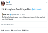 Eliza @elizableu I think I may have found the problem @elonmusk Yoel Roth @yoyoel. Nov 20, 2010 Can high school students ever meaningfully consent to sex with their teachers? http://bit.ly/bbpH68 6:52 PM Dec 10, 2022 . 10.8K Retweets 542 Quote Tweets 72.8K Likes : ...