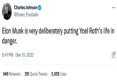 Charles Johnson @Green_Footballs Elon Musk is very deliberately putting Yoel Roth's life in danger. 9:41 PM Dec 10, 2022 • : 946 Retweets 291 Quote Tweets 5,053 Likes