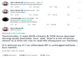 Elon Musk ✔ @elonmusk. Dec 11 My pronouns are Prosecute/Fauci 104K Elon Musk @elonmusk. 5h Truth resonates... 5,137 204.6K Elon Musk @elonmusk 8,582 omnihedge @omnihedge. 3h Replying to @elonmusk So does a crowd full of boos 97 1209 1.1M 110.1K 1,259 Retweets 2,496 Quote Tweets 13.1K Likes 9,008 +] Replying to @omnihedge Technically, it was 90% cheers & 10% boos (except during quiet periods), but, still, that's a lot of boos, which is a first for me in real life (frequent on Twitter). It's almost as if I've offended SF's unhinged leftists ... but nahhh. 9:13 AM Dec 12, 2022 ... ... :