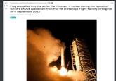 4 Posted by u/HeStoleMyBalloons 11 hours ago 5.⁹k Frog propelled into the air by the Minotaur V rocket during the launch of NASA's LADEE spacecraft from Pad OB at Wallops Flight Facility in Virginia on 6 September 2013 upload.wikimedia.org/wikipe... 2 NASA