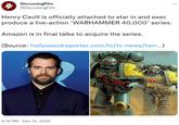 DiscussingFilm @DiscussingFilm 4 Henry Cavill is officially attached to star in and exec produce a live-action 'WARHAMMER 40,000' series. Amazon is in final talks to acquire the series. (Source: hollywoodreporter.com/tv/tv-news/hen...) 8:16 PM Dec 15, 2022 MOL
