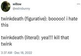 willow @estrobunny twinkdeath (figurative): booooo! i hate this twinkdeath (literal): yea!!! kill that twink : 3:37 AM Dec 18, 2022