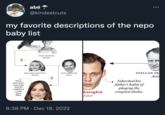 Third- generation abé T @kindestcuts my favorite descriptions of the nepo baby list nepo baby with the confidence to take down Ellen. TIPPI HEDREN Actress MELANIE GRIFFITH Actress DON JOHNSON Actor 9:38 PM Dec 19, 2022 karsgård Actor ●●● STELLAN SK Acto Inherited his father's habit of playing the creepiest dudes.