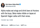 Nick Adams (Alpha Male) @NickAdamsinUSA Alpha males eat wings and drink beer at Hooters with the boys, Beta males nibble on tapas at Spanish Vegan cafes with their wives. 11:32 AM Nov 7, 2022 995 Retweets 3,678 Quote Tweets 8,477 Likes