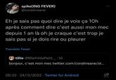 spike(ING FEVER) @coralinsane Eh je sais pas quoi dire je vois ça 10h après comment dire c'est aussi mon mec depuis 1 an là oh je craque c'est trop je sais pas si je dois rire ou pleurer Translate Tweet tillie @Mathilde Petit .1d bonjour, c'est mon mec twitter.com/coralinsane/st... 06:32 24/12/2022 Twitter for Android Fut O