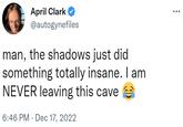 April Clark @autogynefiles man, the shadows just did something totally insane. I am NEVER leaving this cave 6:46 PM Dec 17, 2022 :