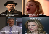 Skyler, help me launder my money Please don't report my tax fraud NO WALT THAT IS BAD AND ILLEGAL YES TED Glory to Beneke Fabricators please have sex with me