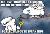MR. OWL, HOW MANY TIMES DO THE REPUBLICANS HAVE VOTE Th иссл TO ELECT A HOUSE SPEAKER?! imgflip.com