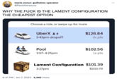 marie ennui: guillotine operator @PastaVersaucy WHY THE F--- IS THE LAMENT CONFIGURATION THE CHEAPEST OPTION Choose a ride, or swipe up for more UberX:4 3:43pm dropoff Pool 3:57-4:25pm $126.84 2x pts 6:41 PM Jan 7, 2023 6,995 Views $102.56 1x pts Lament Configuration $101.39 3:27pm $202.79 ...