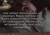me when thousands of memes flash before my eyes before i d*e instead of cherished memories of loved ones and my childhood