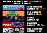 WHAT KIND OF GAMER, ARE YOU? GARTEN OF BANBAN II GARTEN OF BANBAN O O Q RAINBOW, FRIENDS POPPY PLAYTIME R may NEW SCHOOL GAMER 100 100 OLD SCHOOL GAMER RETRO GAMER ANCIENT GAMER PRE-HISTORIC GAMER