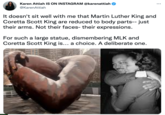Karen Attiah IS ON INSTAGRAM @karenattiah @KarenAttiah It doesn't sit well with me that Martin Luther King and Coretta Scott King are reduced to body parts-- just their arms. Not their faces- their expressions. For such a large statue, dismembering MLK and Coretta Scott King is... a choice. A deliberate one. :