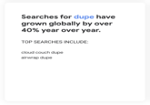 Searches for dupe have grown globally by over 40% year over year. TOP SEARCHES INCLUDE: cloud couch dupe airwrap dupe