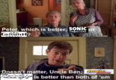 Peter, which is better; SONIC GENSHIN? FRONTIERS IMPACT Doesn't matter, Uncle Ben; OÍC. RUSH and Er is better than both of 'em