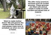 Want to really bother them? We will gnome the inside of their house to. Just please make sure to schedule us when no one is home. Learn more We offer many premium services such as cursed gnomes. These gnomes are filled with animal waste in order to smell horrible and attract lots of insects. Learn more FUE