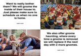 Want to really bother them? We will gnome the inside of their house to. Just please make sure to schedule us when no one is home. Learn more Cervato We also offer gnome haunting, where every time a gnome is removed we will replace it the next day with 2 more gnomes. Learn more