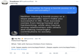 TrueAnon @TrueAnonPod 1h Learning . Is it better to have a bomb p---- or a dope personality? 15 Neither. Having a bomb p---- or a dope personality won't make you successful in life. True success comes from being honest and hardworking, while also having strong relationships with others and making meaningful contributions to society. 12:27 PM Ivy Xu @ivyxvine. Jan 16 1 66 Historical Figures What: Talk with famous thinkers from history. Link: [apps.apple.com/us/app/histori...](apps.apple.com/us/app/histo... Show this thread 867 12:27 PM ₁58.9K :